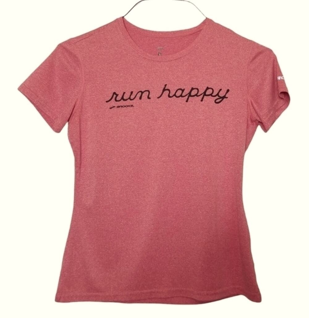 Brooks Running EST. SZ XS Orange Red Run Happy Fitted Dry Fit T Shirt **READ**